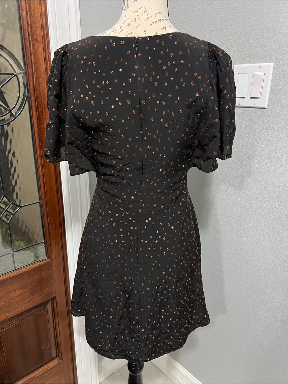 Madewell Metallic Dot Cape-Sleeve Faux Wrap Mini Dress Black Size 0 XS - Picture 3 of 11